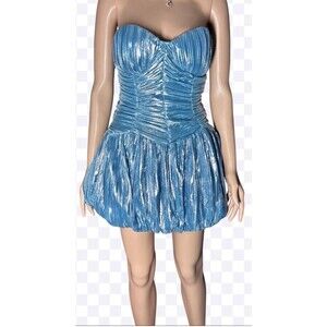 Akira Women's Ruched Metallic Ice Blue Bubble Hem Strapless Mini Dress Sz.S HOT